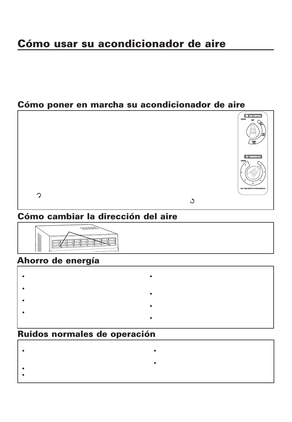 Cómo usar su acondicionador de aire, Cómo poner en marcha su acondicionador de aire, Cómo cambiar la dirección del aire | Ahorro de energía, Ruidos normales de operación | Whirlpool ACD052PK0 User Manual | Page 28 / 36