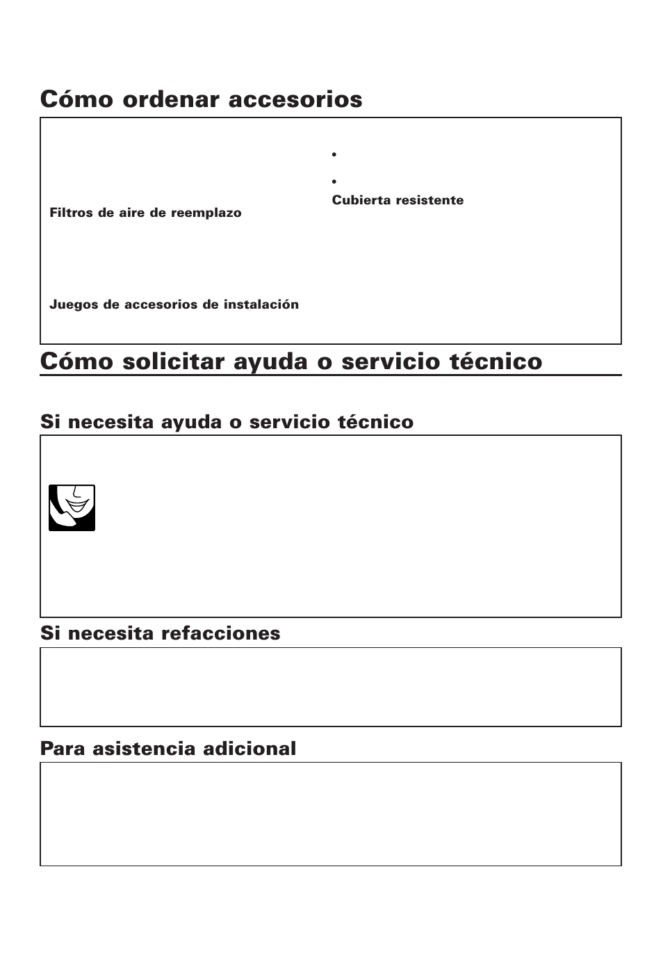 Cómo ordenar accesorios, Cómo solicitar ayuda o servicio técnico | Whirlpool ACD052PK0 User Manual | Page 32 / 36