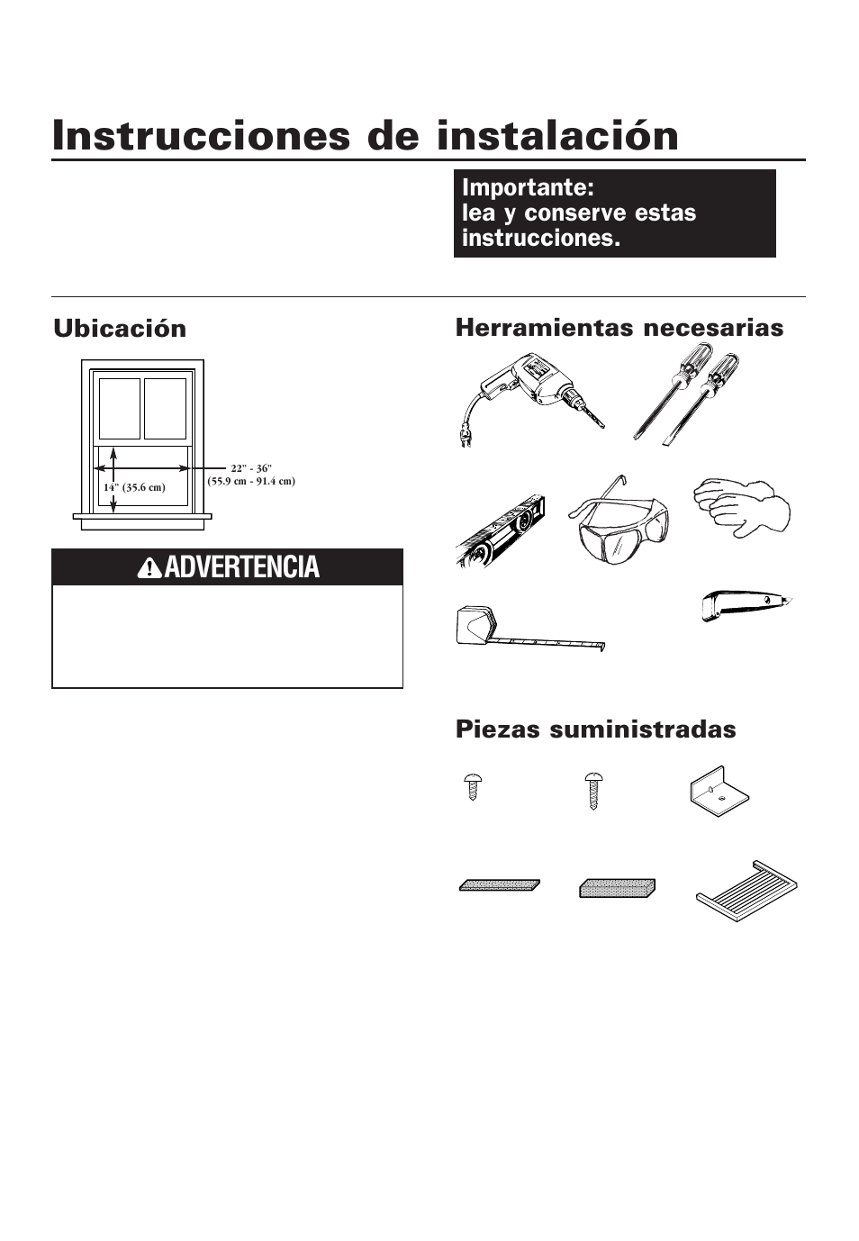 Instrucciones de instalación, Ubicación, Herramientas necesarias | Piezas suministradas, Advertencia, Importante: lea y conserve estas instrucciones | Whirlpool ACD052PK0 User Manual | Page 33 / 36