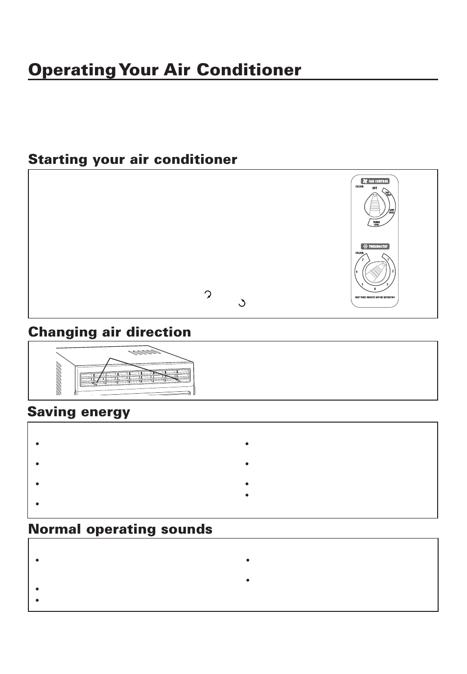 Operatingyour air conditioner, Operating your air conditioner, Starting your air conditioner | Changing air direction, Saving energy, Normal operating sounds | Whirlpool ACD052PK0 User Manual | Page 4 / 36