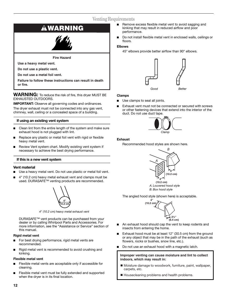 Venting requirements, Warning | Whirlpool Cabrio W10054070 User Manual | Page 12 / 76