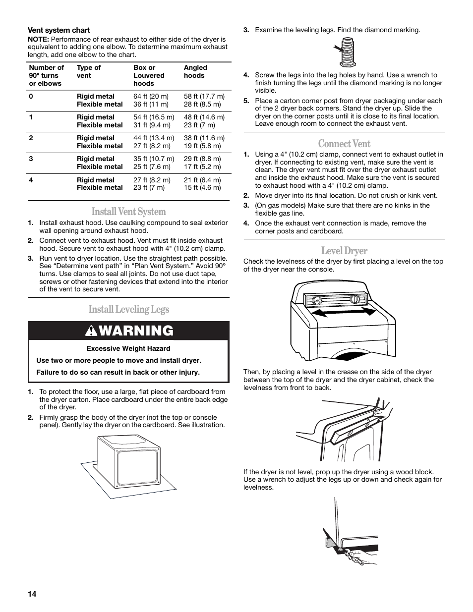 Warning, Install vent system, Install leveling legs | Connect vent, Level dryer | Whirlpool Cabrio W10054070 User Manual | Page 14 / 76