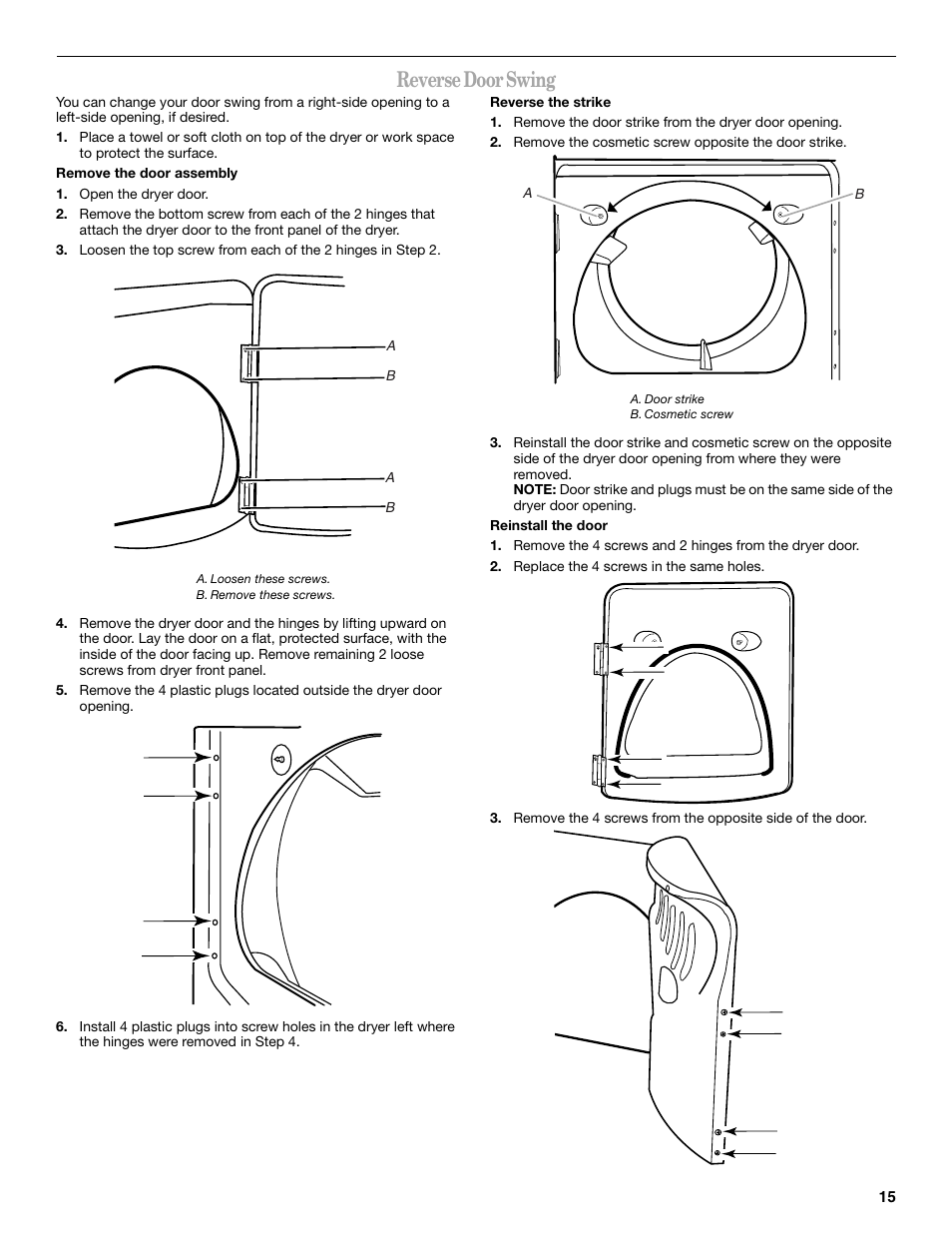 Reverse door swing | Whirlpool Cabrio W10054070 User Manual | Page 15 / 76