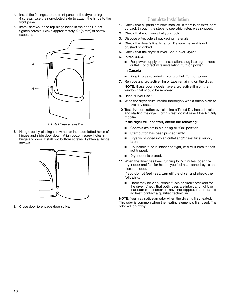 Complete installation | Whirlpool Cabrio W10054070 User Manual | Page 16 / 76