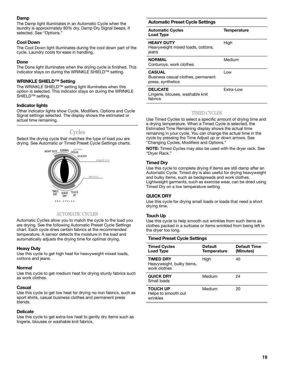 Cycles | Whirlpool Cabrio W10054070 User Manual | Page 19 / 76