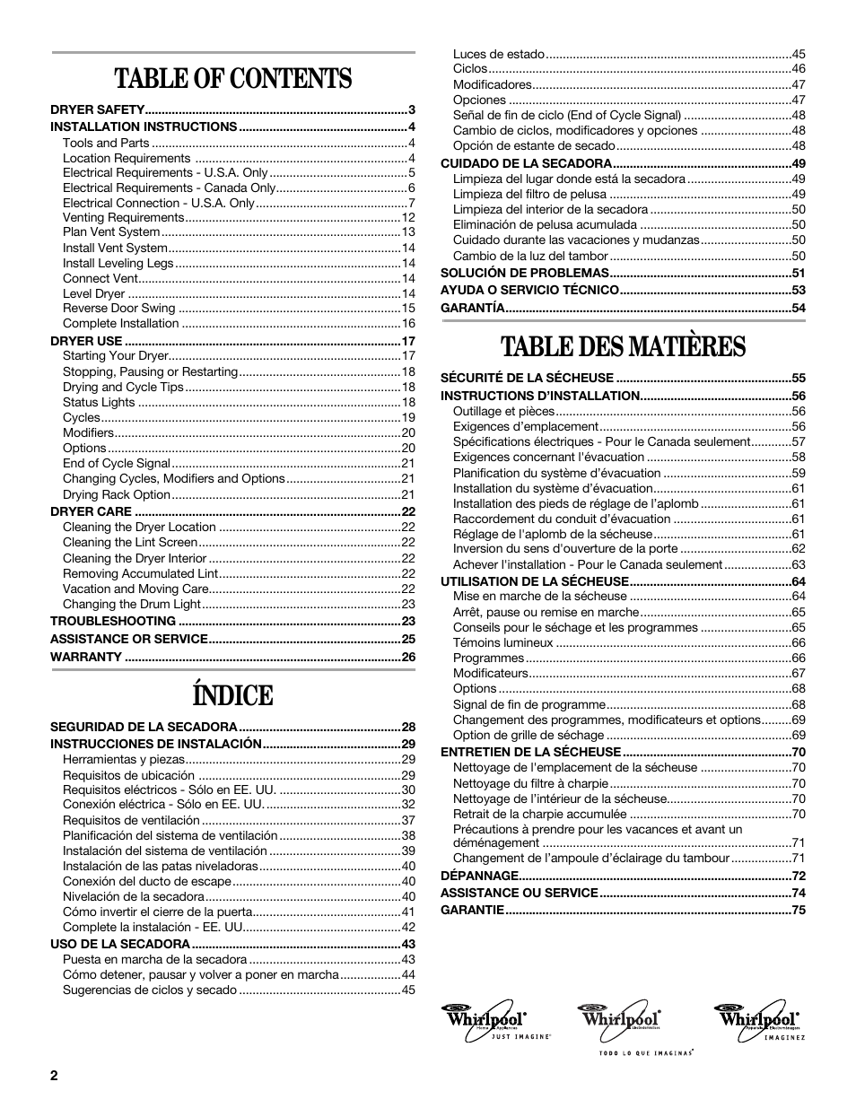 Whirlpool Cabrio W10054070 User Manual | Page 2 / 76