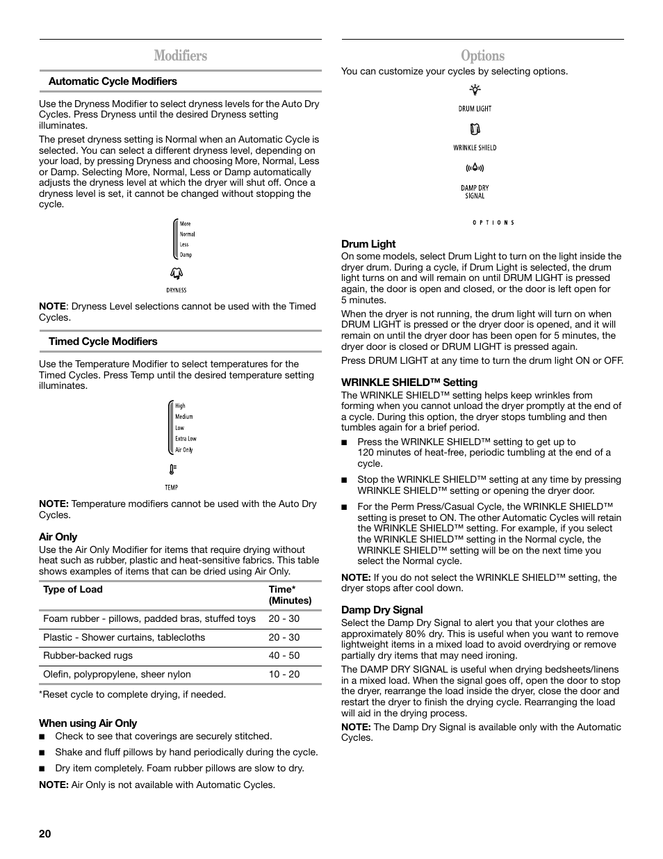 Modifiers, Options | Whirlpool Cabrio W10054070 User Manual | Page 20 / 76