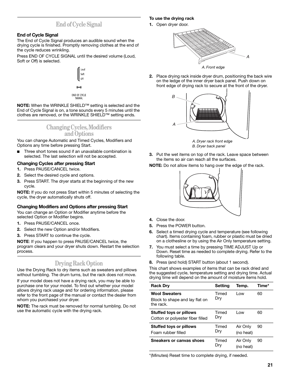 End of cycle signal, Changing cycles, modifiers and options, Drying rack option | Whirlpool Cabrio W10054070 User Manual | Page 21 / 76