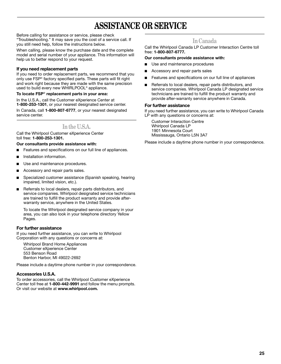 Assistance or service | Whirlpool Cabrio W10054070 User Manual | Page 25 / 76