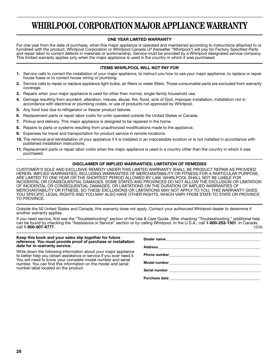 Whirlpool corporation major appliance warranty | Whirlpool Cabrio W10054070 User Manual | Page 26 / 76