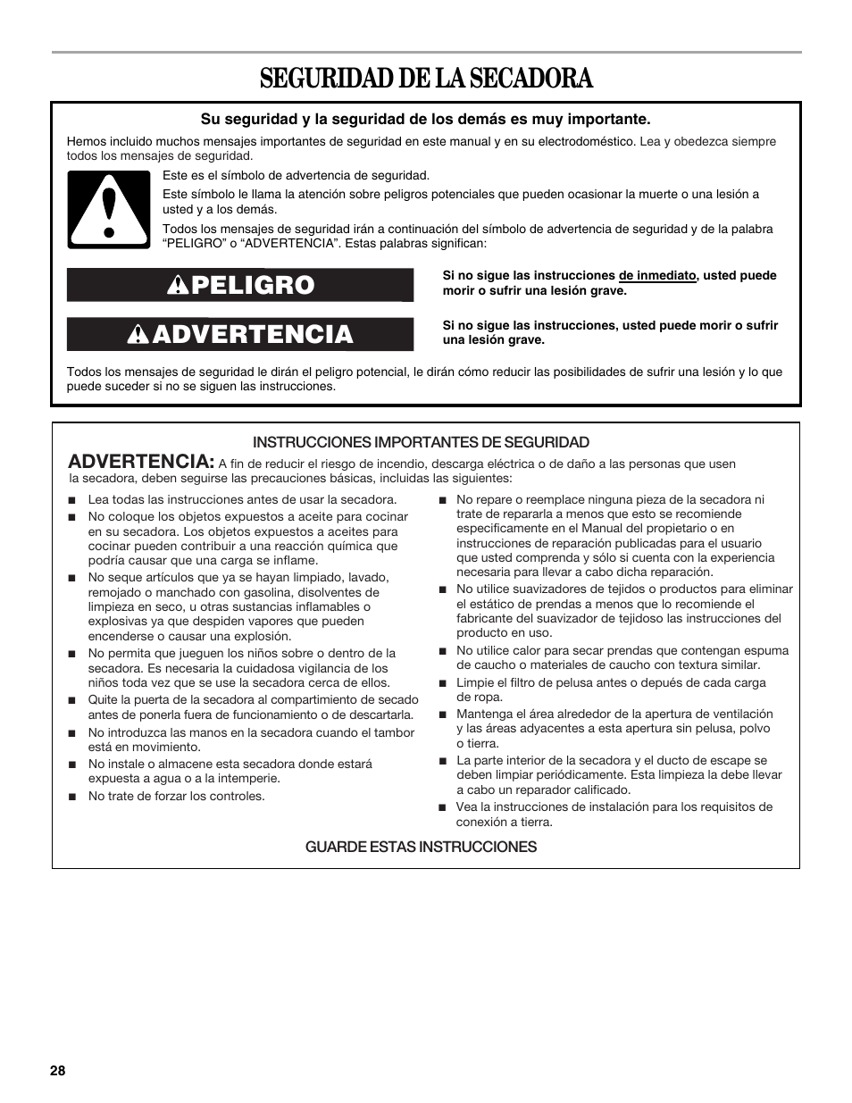 Seguridad de la secadora, Advertencia peligro, Advertencia | Whirlpool Cabrio W10054070 User Manual | Page 28 / 76