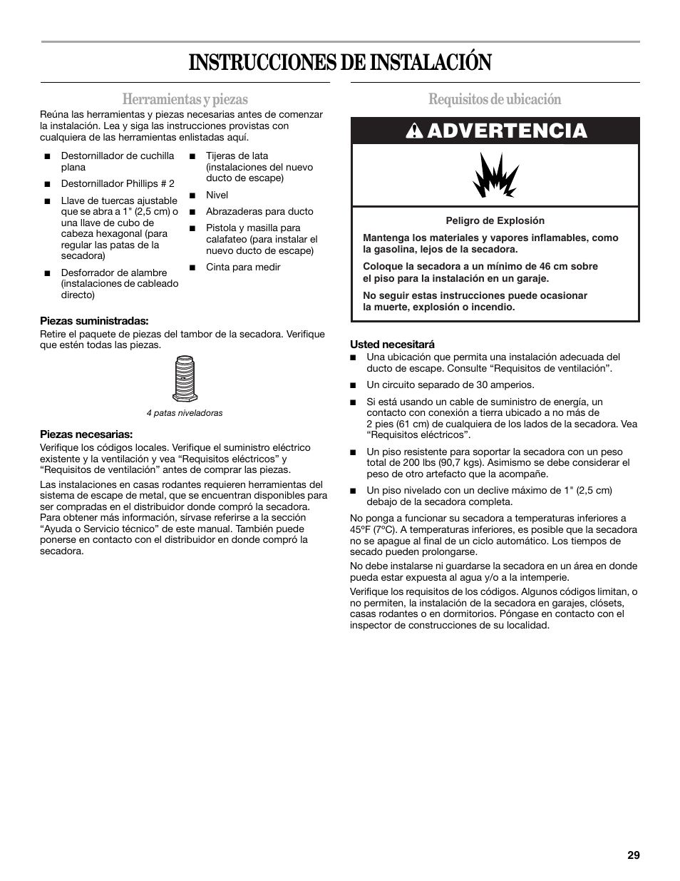 Instrucciones de instalación, Advertencia, Herramientas y piezas | Requisitos de ubicación | Whirlpool Cabrio W10054070 User Manual | Page 29 / 76