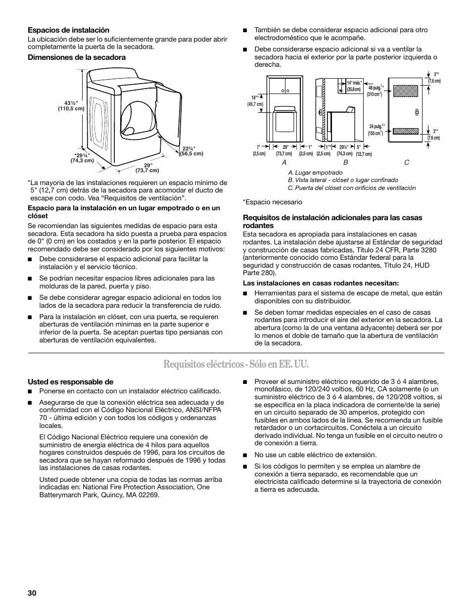 Requisitos eléctricos - sólo en ee. uu | Whirlpool Cabrio W10054070 User Manual | Page 30 / 76