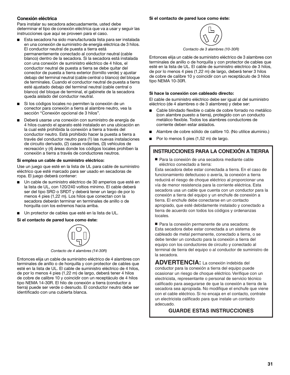 Advertencia | Whirlpool Cabrio W10054070 User Manual | Page 31 / 76
