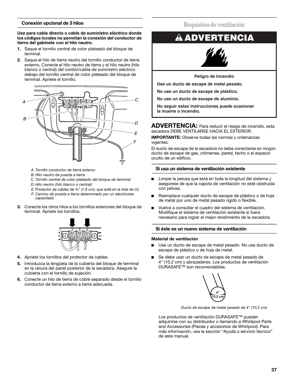 Requisitos de ventilación, Advertencia | Whirlpool Cabrio W10054070 User Manual | Page 37 / 76