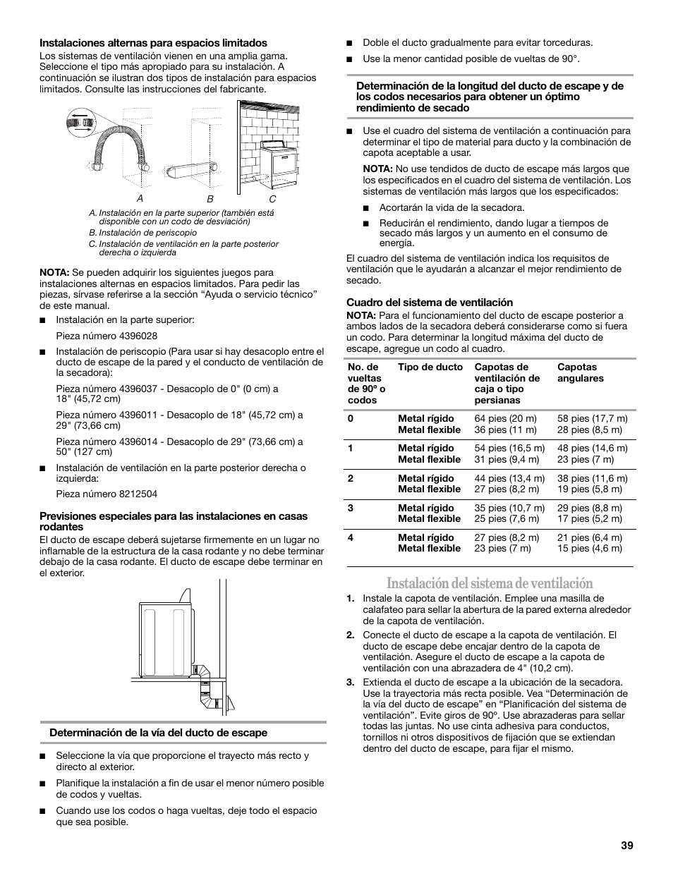 Instalación del sistema de ventilación | Whirlpool Cabrio W10054070 User Manual | Page 39 / 76