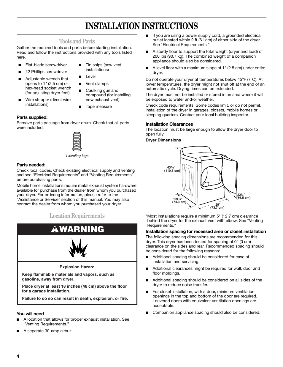 Installation instructions, Warning, Tools and parts | Location requirements | Whirlpool Cabrio W10054070 User Manual | Page 4 / 76