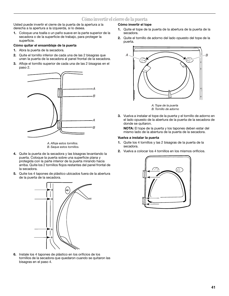 Cómo invertir el cierre de la puerta | Whirlpool Cabrio W10054070 User Manual | Page 41 / 76