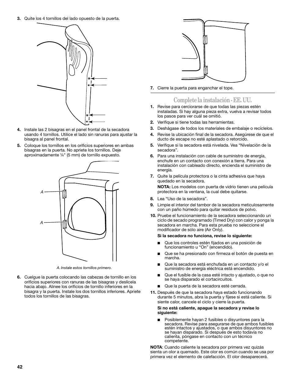 Complete la instalación - ee. uu | Whirlpool Cabrio W10054070 User Manual | Page 42 / 76