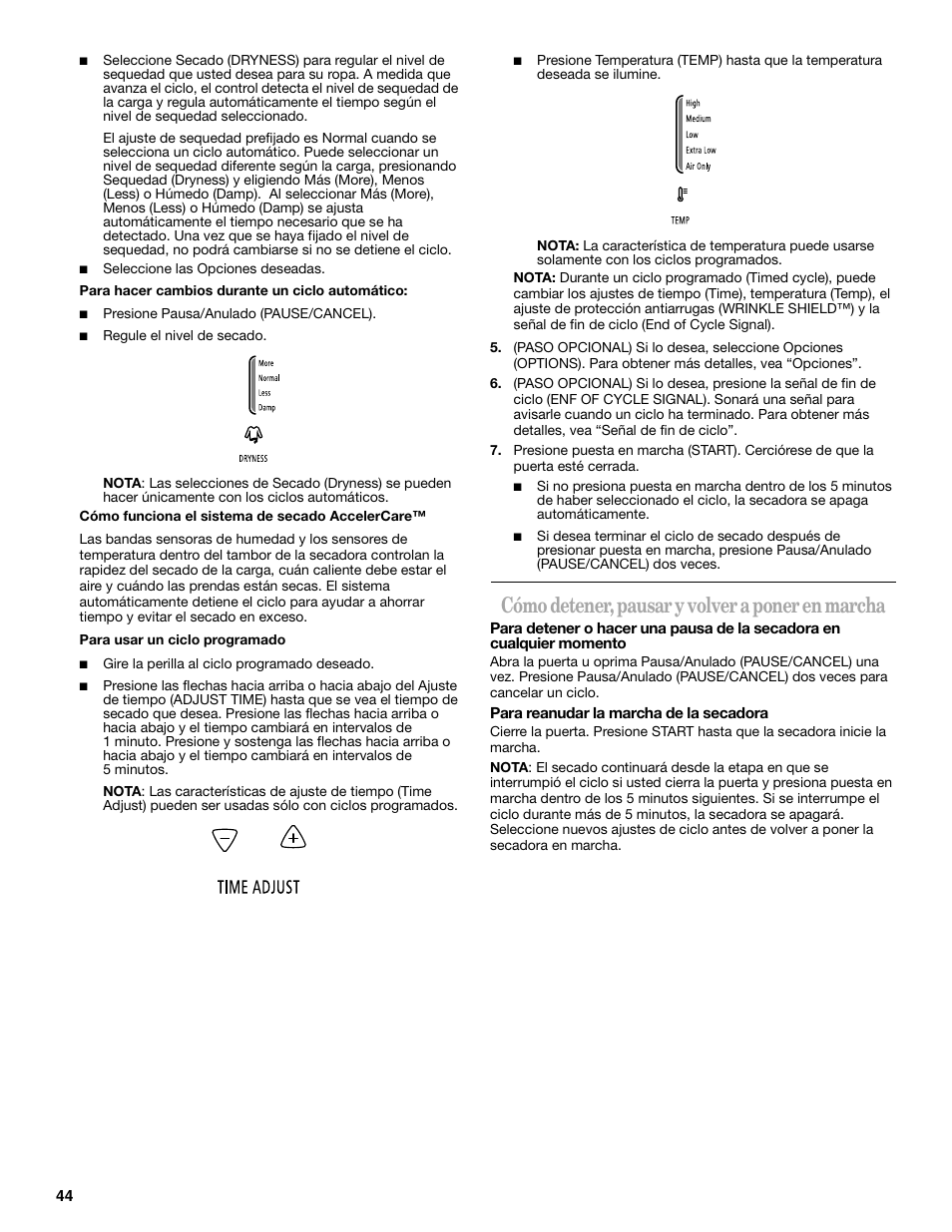 Cómo detener, pausar y volver a poner en marcha | Whirlpool Cabrio W10054070 User Manual | Page 44 / 76