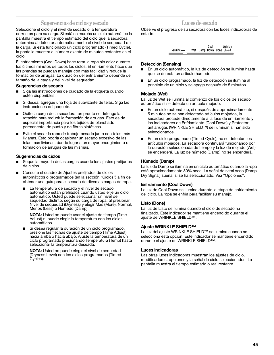 Sugerencias de ciclos y secado, Luces de estado | Whirlpool Cabrio W10054070 User Manual | Page 45 / 76