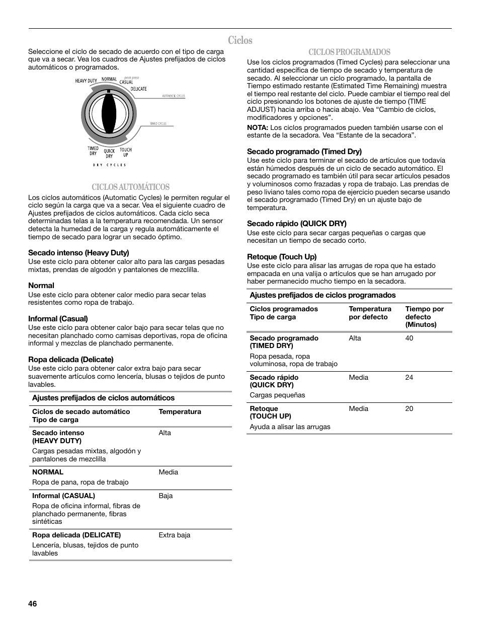 Ciclos | Whirlpool Cabrio W10054070 User Manual | Page 46 / 76