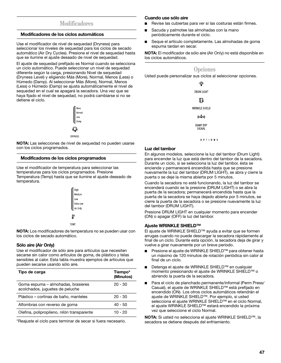 Modificadores, Opciones | Whirlpool Cabrio W10054070 User Manual | Page 47 / 76