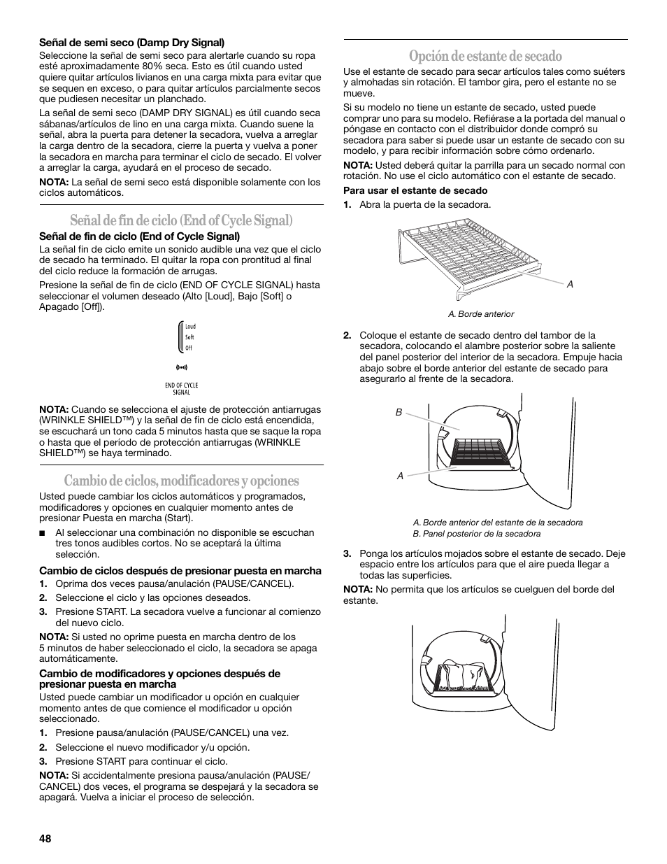 Señal de fin de ciclo (end of cycle signal), Cambio de ciclos, modificadores y opciones, Opción de estante de secado | Whirlpool Cabrio W10054070 User Manual | Page 48 / 76