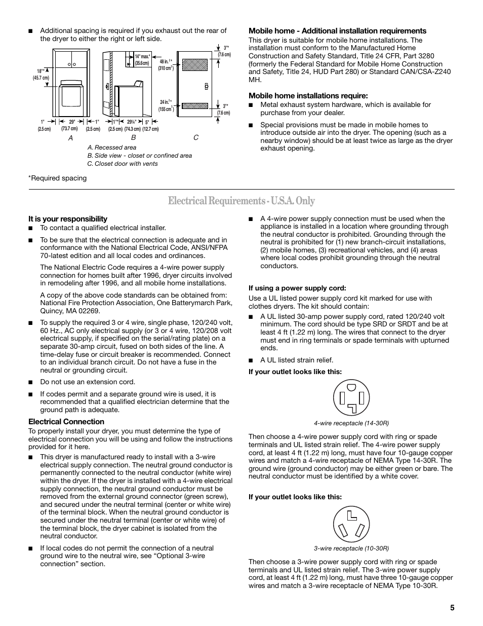 Electrical requirements - u.s.a. only | Whirlpool Cabrio W10054070 User Manual | Page 5 / 76