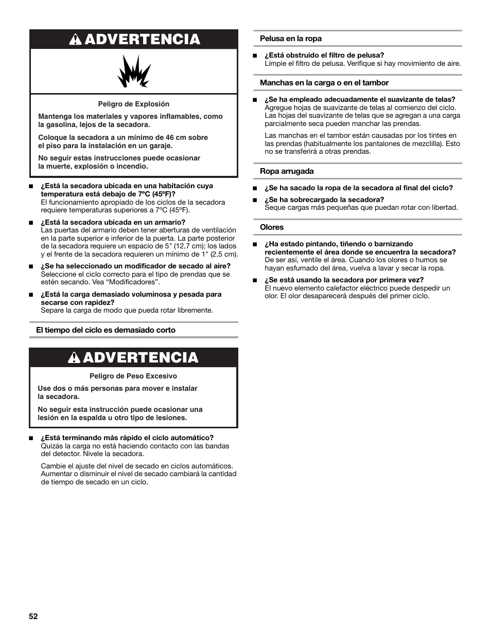 Advertencia | Whirlpool Cabrio W10054070 User Manual | Page 52 / 76