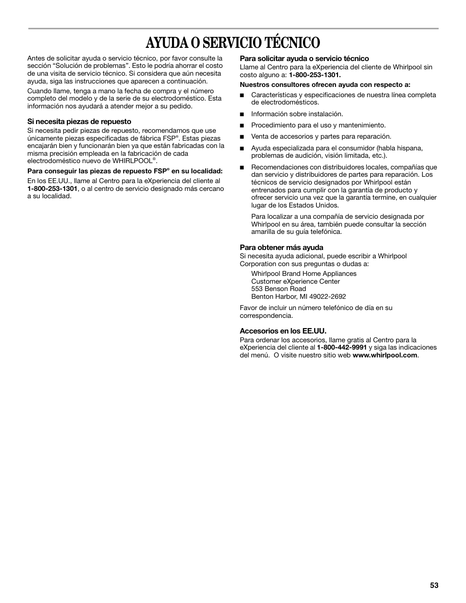Ayuda o servicio técnico | Whirlpool Cabrio W10054070 User Manual | Page 53 / 76