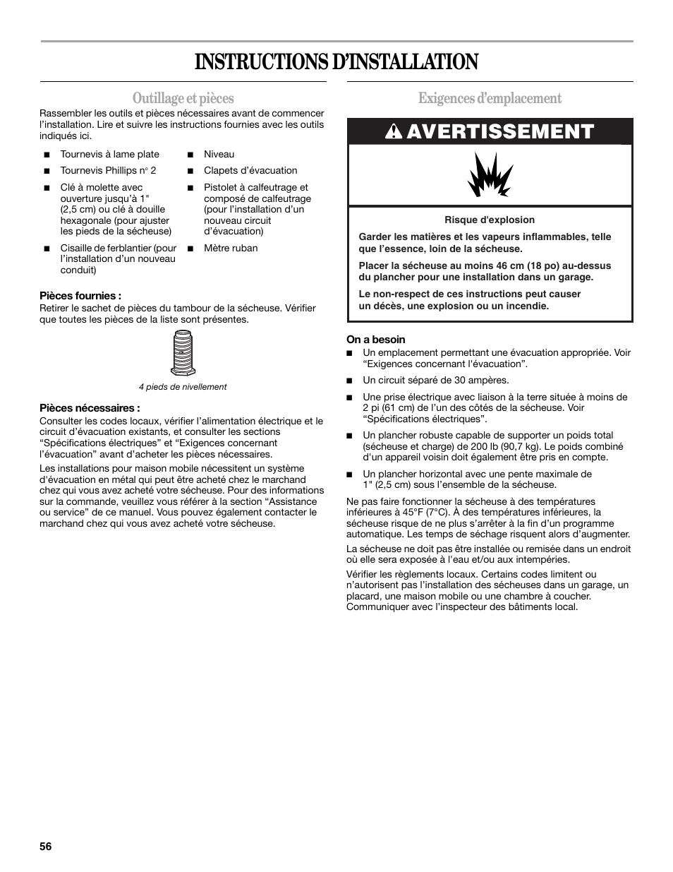 Instructions d’installation, Avertissement, Outillage et pièces | Exigences d’emplacement | Whirlpool Cabrio W10054070 User Manual | Page 56 / 76