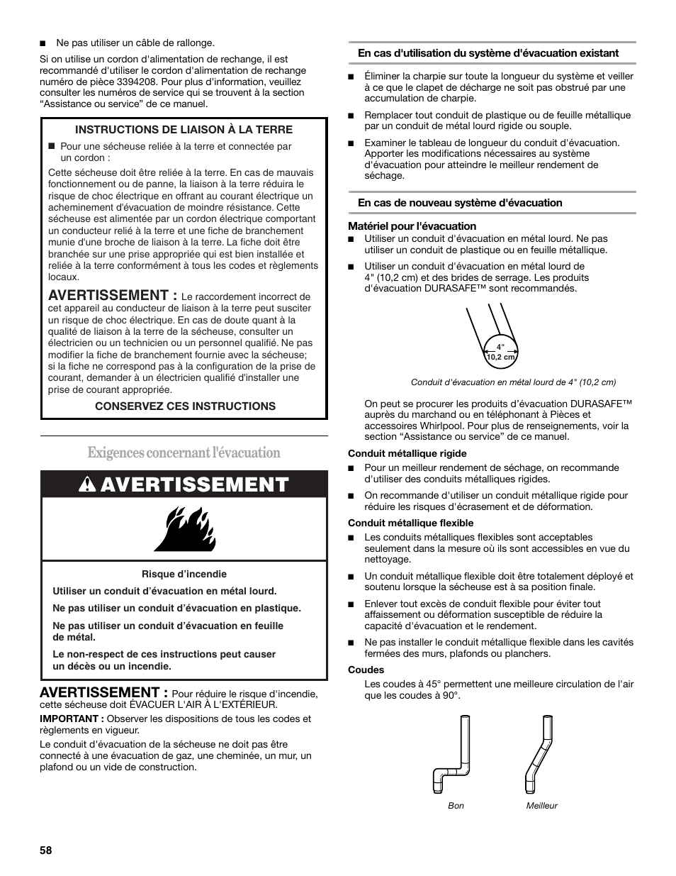 Exigences concernant l'évacuation, Avertissement | Whirlpool Cabrio W10054070 User Manual | Page 58 / 76