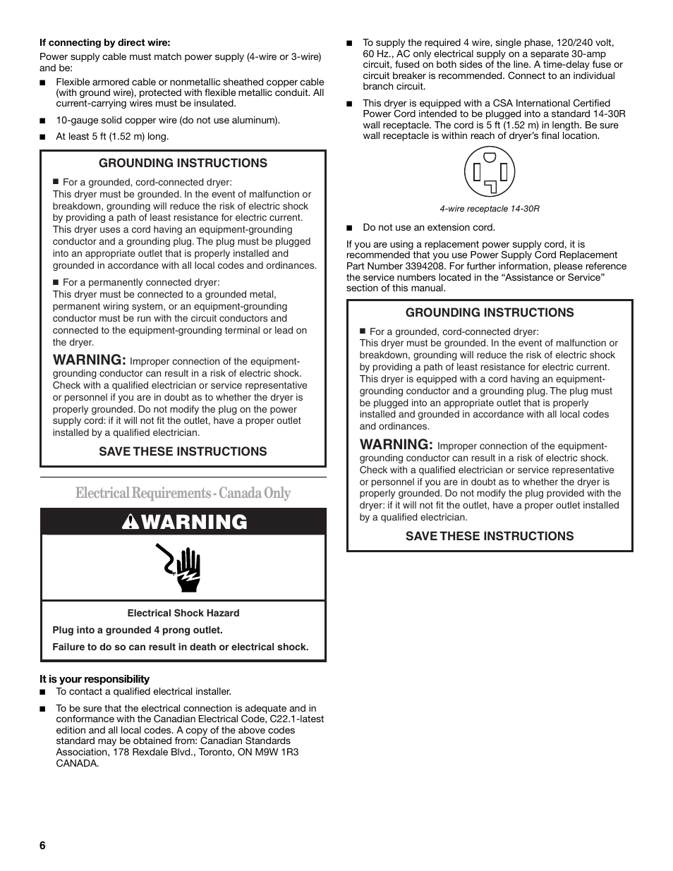 Electrical requirements - canada only, Warning | Whirlpool Cabrio W10054070 User Manual | Page 6 / 76