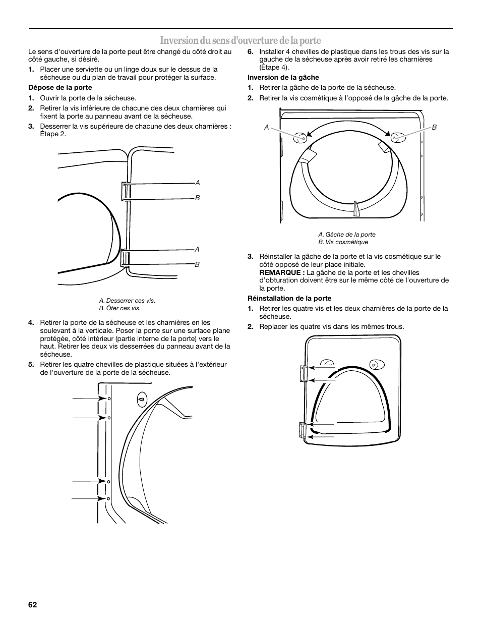 Inversion du sens d'ouverture de la porte | Whirlpool Cabrio W10054070 User Manual | Page 62 / 76
