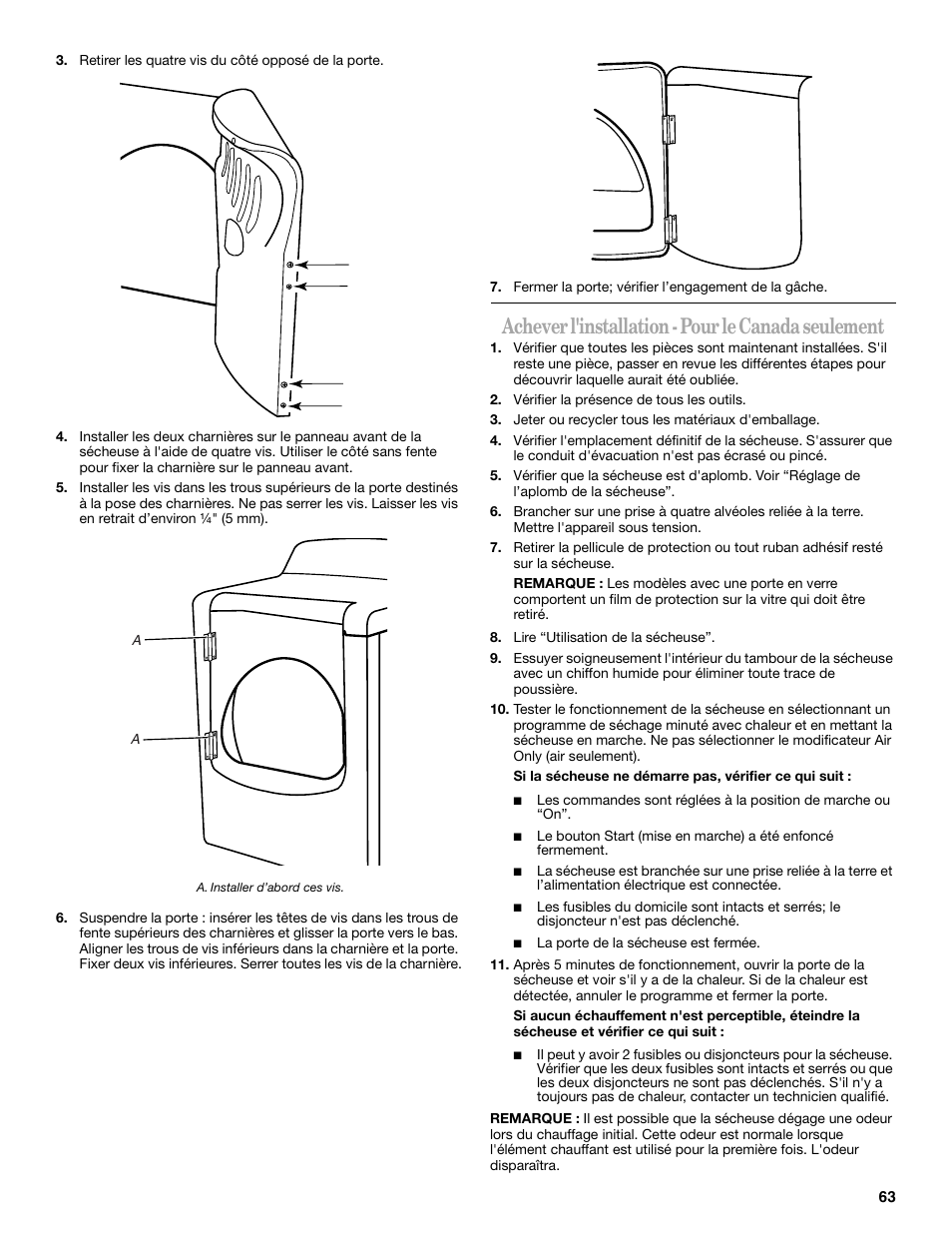 Achever l'installation - pour le canada seulement | Whirlpool Cabrio W10054070 User Manual | Page 63 / 76