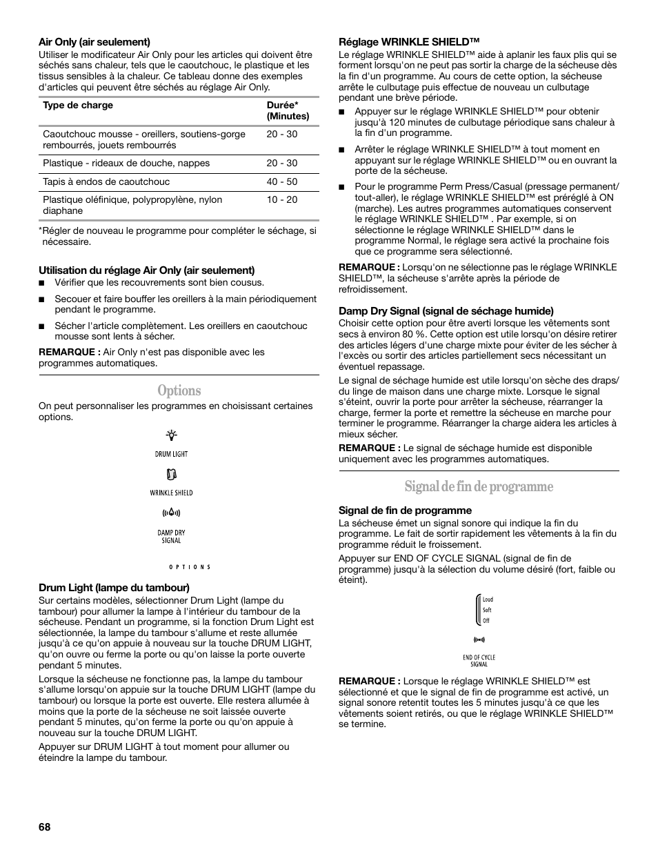 Options, Signal de fin de programme | Whirlpool Cabrio W10054070 User Manual | Page 68 / 76