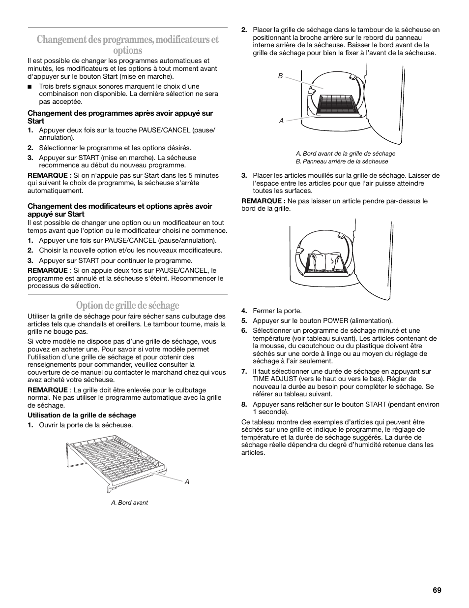 Option de grille de séchage | Whirlpool Cabrio W10054070 User Manual | Page 69 / 76