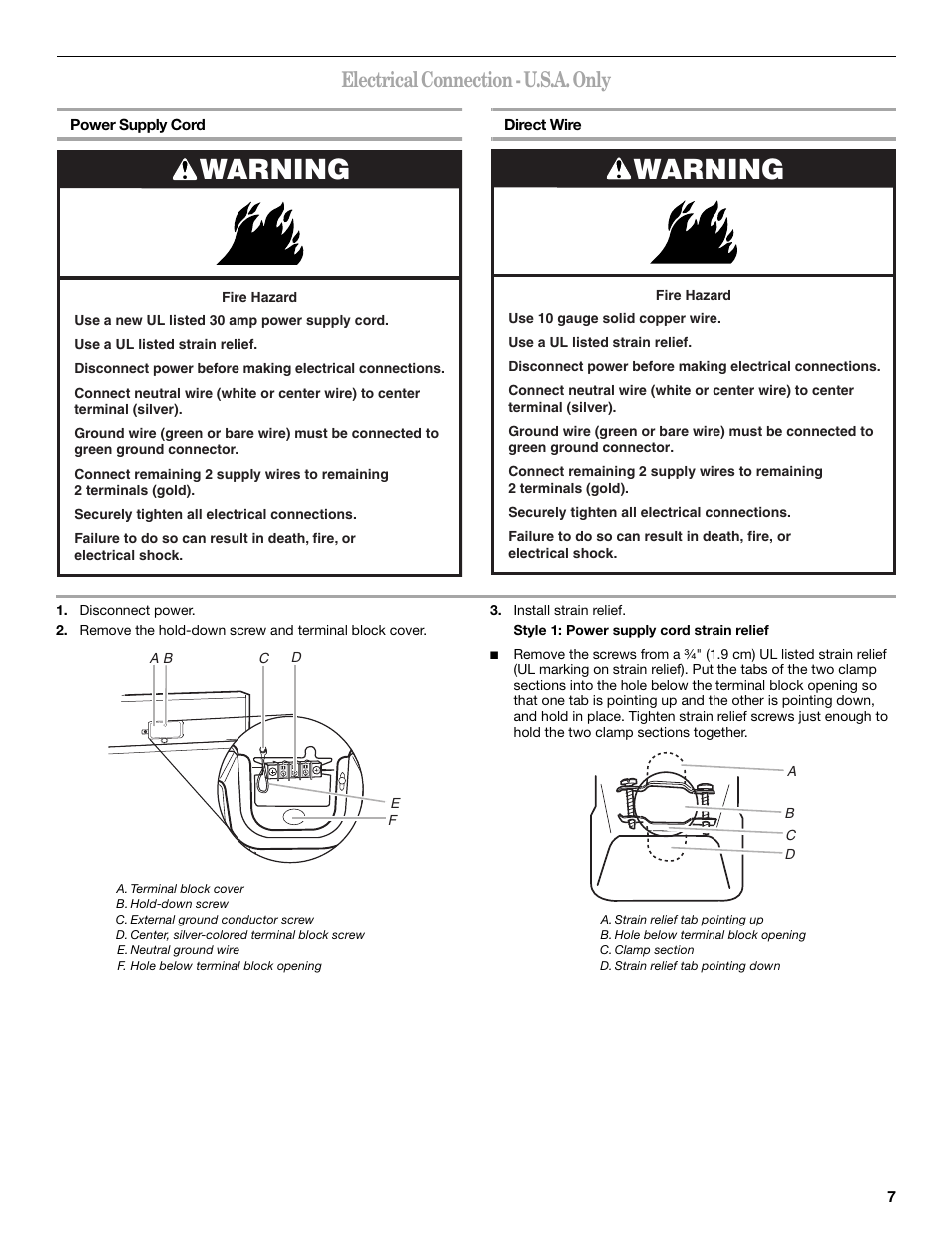 Warning, Electrical connection - u.s.a. only | Whirlpool Cabrio W10054070 User Manual | Page 7 / 76