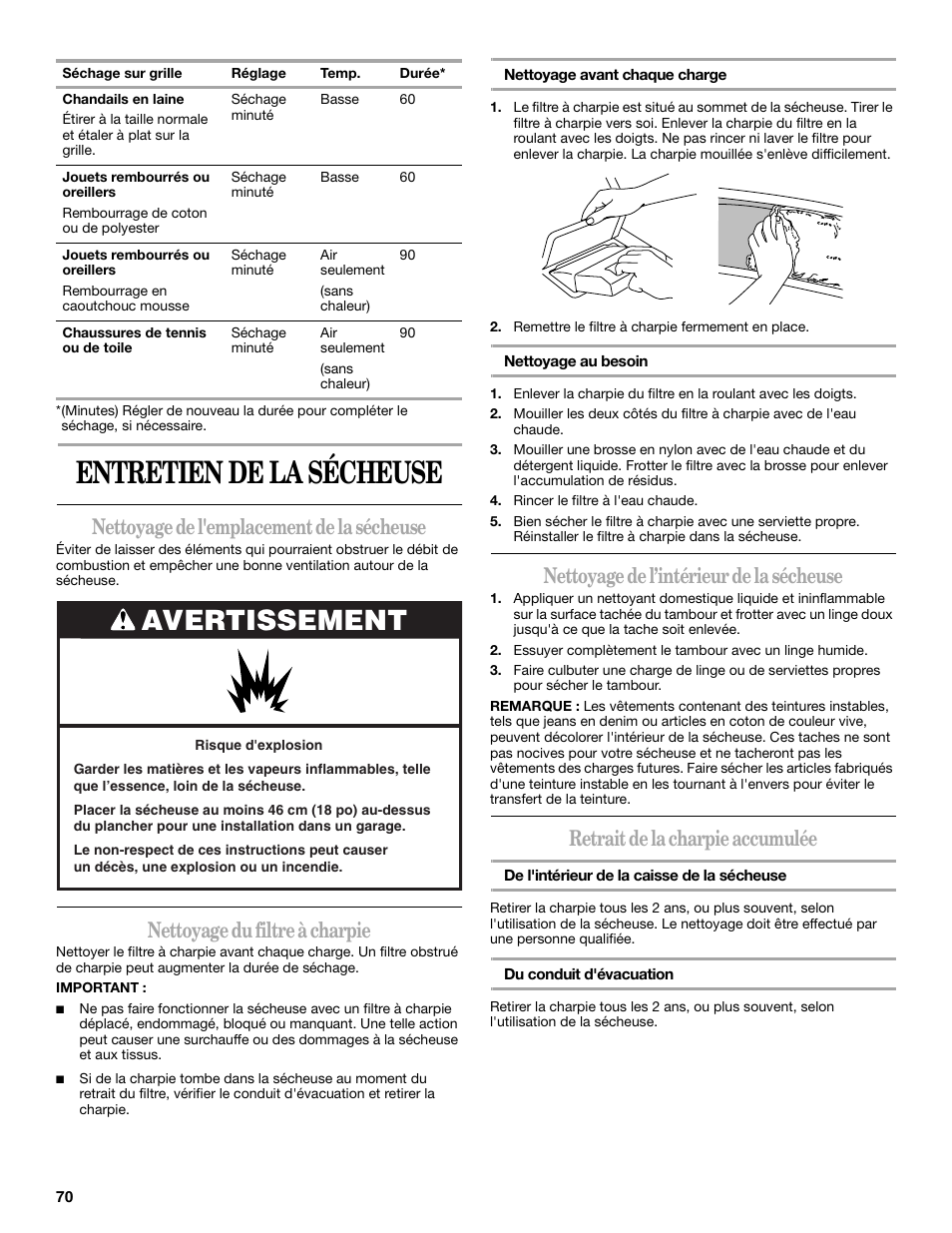 Entretien de la sécheuse, Avertissement, Nettoyage de l'emplacement de la sécheuse | Nettoyage du filtre à charpie, Nettoyage de l’intérieur de la sécheuse, Retrait de la charpie accumulée | Whirlpool Cabrio W10054070 User Manual | Page 70 / 76