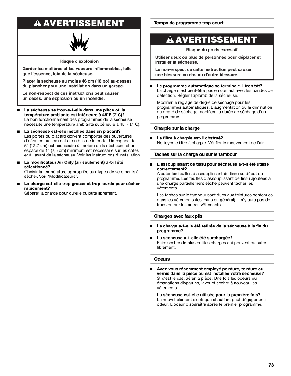 Avertissement | Whirlpool Cabrio W10054070 User Manual | Page 73 / 76