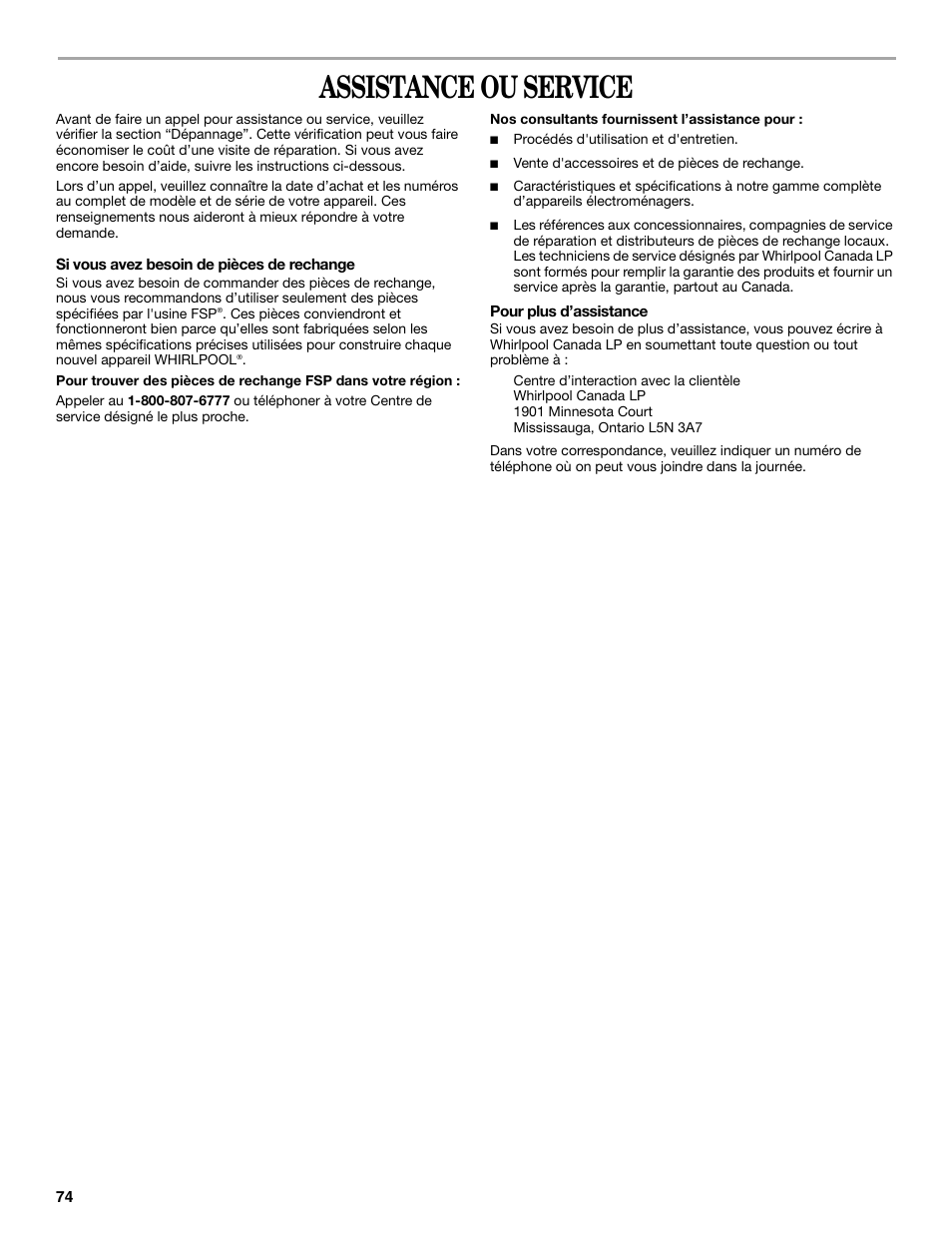 Assistance ou service | Whirlpool Cabrio W10054070 User Manual | Page 74 / 76