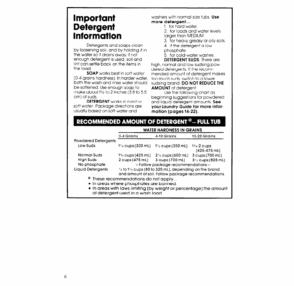 Important, Detergent, Information | Recommended amount of detergent*- full tub, Important detergent information | Whirlpool 3LA5800XK User Manual | Page 6 / 12