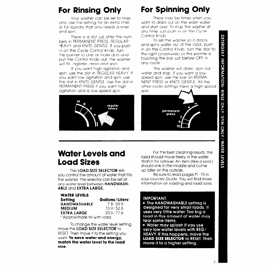 For rinsing oniy for spinning oniy, Water levels and load sizes | Whirlpool 3LA5800XK User Manual | Page 7 / 12