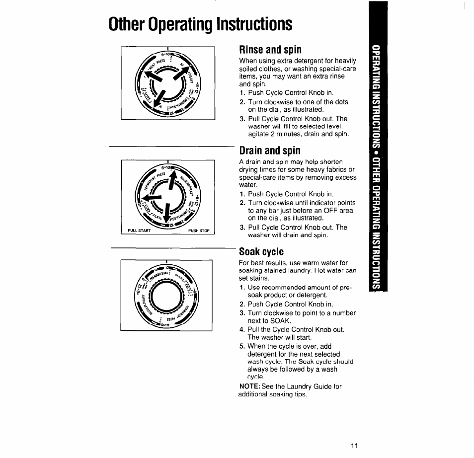 Other operating instructions, Rinse and spin, Drain and spin | Soak cycle | Whirlpool LPR4231A User Manual | Page 11 / 16