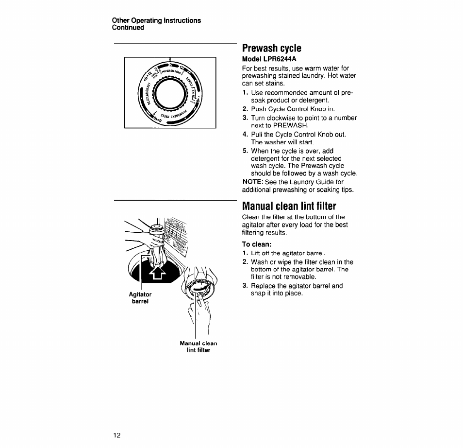 Prewash cycle, Manual clean lint filter | Whirlpool LPR4231A User Manual | Page 12 / 16