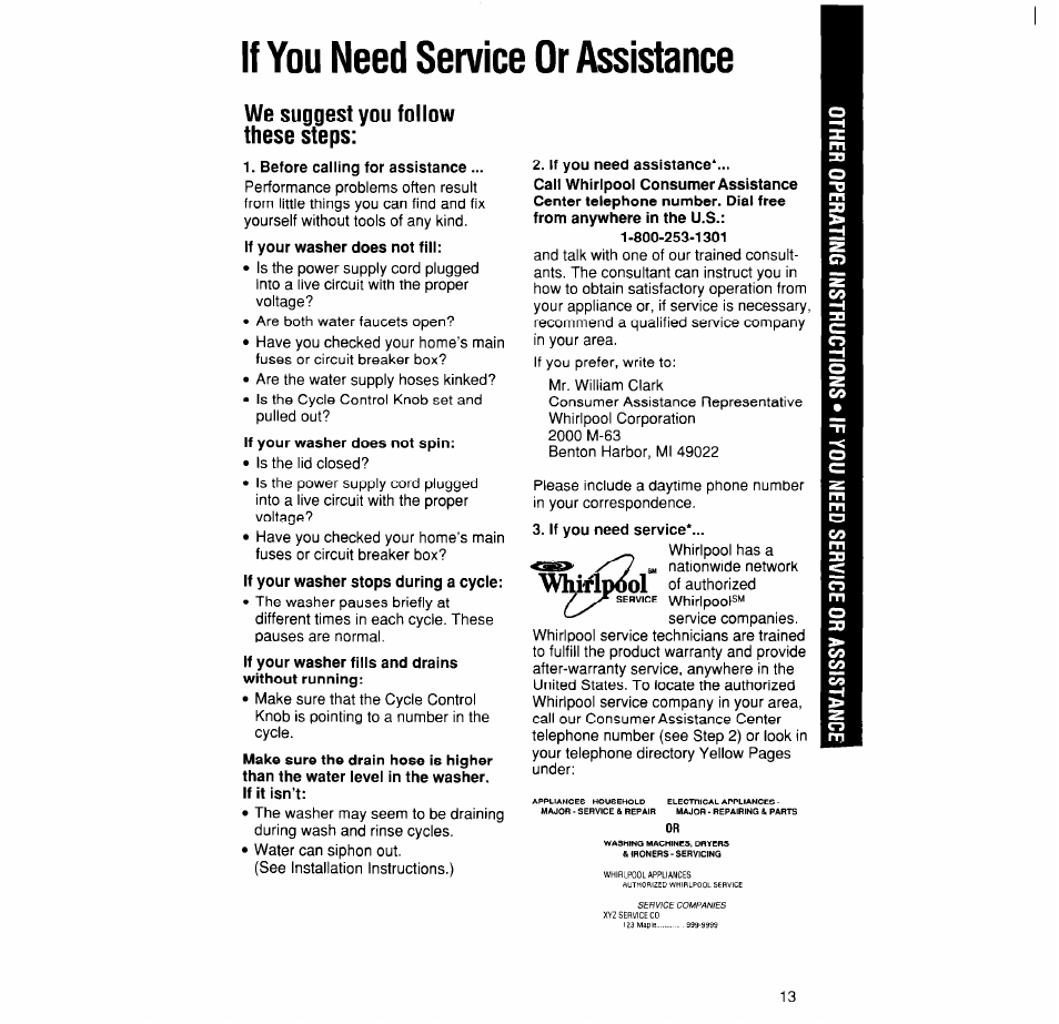 If you need service or assistance, Whirlpool, We suggest you follow these steps | Whirlpool LPR4231A User Manual | Page 13 / 16