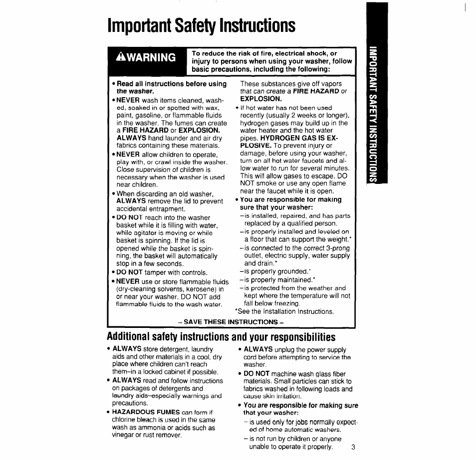 Important safety instmctions, Important safety instructions | Whirlpool LPR4231A User Manual | Page 3 / 16