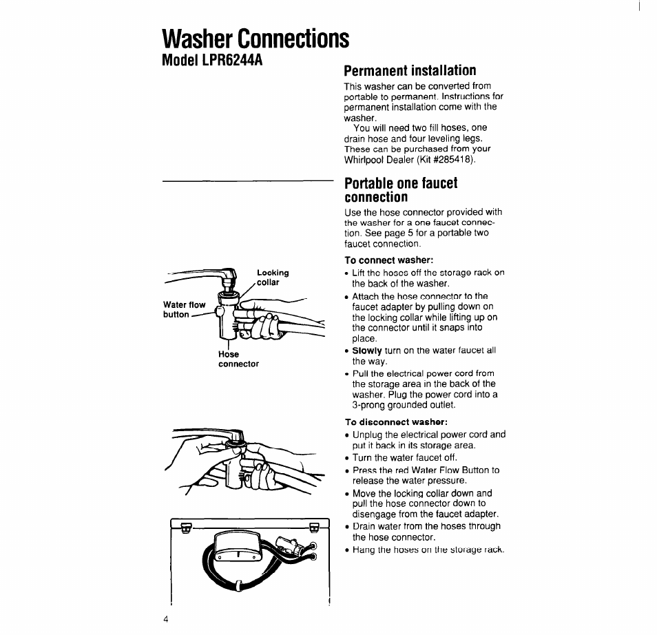 Washer connections, Model lpr6244a, Permanent installation | Portable one faucet connection | Whirlpool LPR4231A User Manual | Page 4 / 16