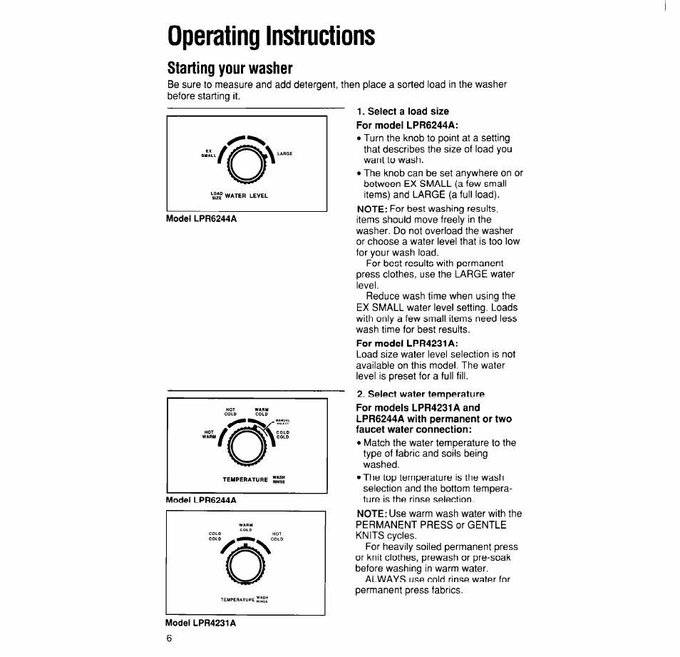 Operating instructions, Starting your washer | Whirlpool LPR4231A User Manual | Page 6 / 16